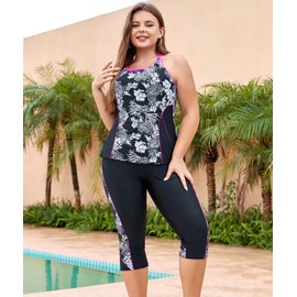 LALAGEN Womens Plus Size Swimsuits 2024 Modest Rash Guard Capris Tankini Bathing Suits Two Piece Bathing Suit Swimwear Floral XXL