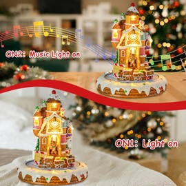 VCUTEKA Christmas Village Houses, Rotating Train with Cream House and Gingerbread Man Lighted Musical Christmas Village Collectible Building for Xmas Indoor Decorations or Holiday Table Displays