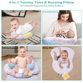 4-in-1 Tummy Time Seated Support & Nursing Pillow Detachable, All with Removable Pillow Covers, Baby Play Mat and Toys 0-24 Months, Machine Washable