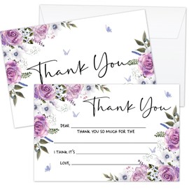 Zyoge Purple Floral Thank You Cards Fill in the Blank with Envelopes for Kids, Thank You Notes for Boys or Girls Birthday Bridal Shower Baby Shower Wedding Graduation, 20 Cards With 20 Envelopes -17