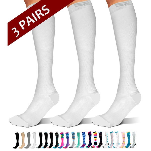 SB SOX 3-Pair Compression Socks (15-20mmHg) for Men & Women – Best Socks for All Day Wear! (Large-X-Large, 04 – Solid White)