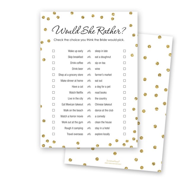 24 cnt Would She Rather Bridal Shower Game (Faux Gold on White)