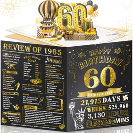60th Birthday Card for Men Husband, Jumbo Pop Up 60 Year Old Birthday Cards for Women Men, Happy 60th Gifts for Him Her, Jumbo 60 Year Old Birth day Card, Review of 1965, Black Gold (8''x10'')