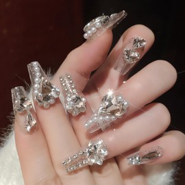IMSOHOT Long Coffin Press on Nails Clear Heart Rhinestone Fake Nails with Designs White Glitter Luxury Ballerina False Nails Glue on Nails Glossy Full Cover Acrylic Nails for Women 24Pcs