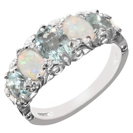 LetsBuyGold 925 Sterling Silver Natural Aquamarine and Opal Womens Band Ring - Size 7.75