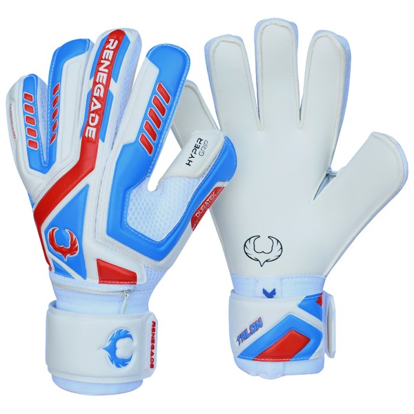 Renegade GK Talon Mirage Goalie Gloves with Pro-Tek Fingersaves | 4mm Hyper Grip & Duratek | White, Blue, Blue Goalkeeping Gloves (Size 9, Youth-Adult, Flat Cut, Level 2)