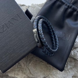 Forziani Mens Wrap Bracelet in Italian Nappa Leather - Adjustable Size - Genuine Black and Blue Chevron Woven Pattern Leather Wristband - Unique Gift for Men - Gifts for Him