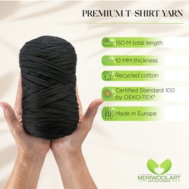 MeriWoolArt Cotton Yarn Ribbon Black - 10 mm T-Shirt Tape Yarn for Knitting, Macrame, Crochet, Weaving, Gift Ribbon - 150 m Cotton Ribbon (Black)