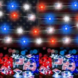ONEVIVE 4th of July Decorations, 2PCS Red White and Blue Star Lights, String Lights Battery Operated, 13FT 40 LED Bulbs Patriotic Independence Day Decoration Indoor Outdoor (Flags)
