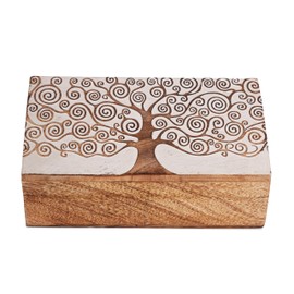 Ajuny Wooden Handcrafted Decorative Jewelry Storage Box Tree of Life Design White Multipurpose Treasure Chest Organizer Travel Keepsake Trinket Holder Watch Box Gifts 8x5 Inch