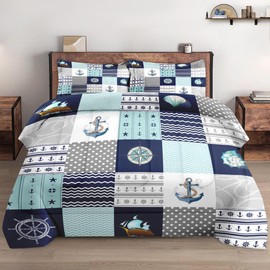 WeCozy Queen Size Comforter Set with 2 Pillowcases, Nautical Blue Marine Summer 3 Pcs Bedding for Kids and Adults, Sea Ocean Boat Plaid Soft Comforter Set for Bedroom Bed Decor