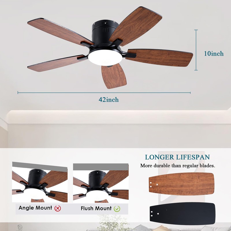 Ayaoty Ceiling Fans with Lights, 42 inch Low Profile Ceiling