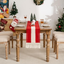 Cotton and Linen Table Runner Christmas Red Table Runner Boho Washable Vintage Macrame Table Runner Rectangular Crochet Lace Elegant for Rustic Boho Wedding Decor Bride (30 x 140 cm)