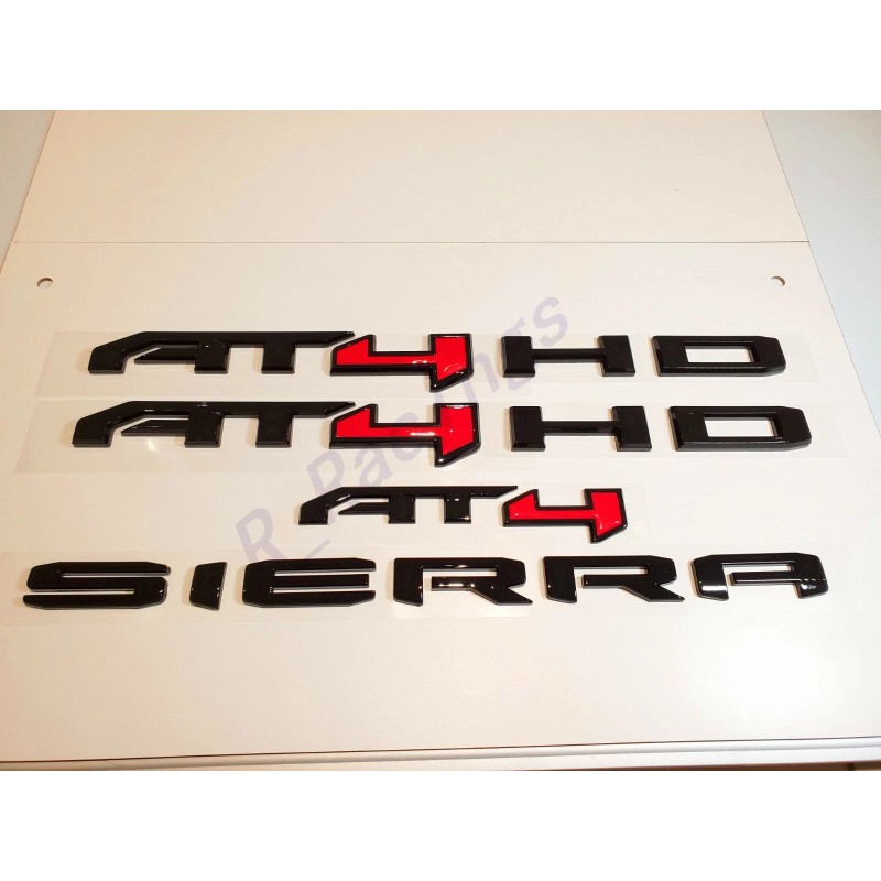 GMC 4PCS Gloss Black Red AT4 HD Emblems Sierra Letters