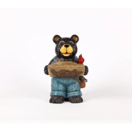 Hi-Line Gift Ltd. 16 in H Bear Holding Bird Bath W/Cardinal Wildlife Garden Statue Home Yard Decor