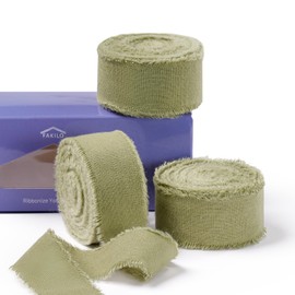 FAKILO Natural Rustic Cotton Ribbon with Frayed Edge,100% Cotton Ribbon Sage Green 1"x 18yds for Vintage Wedding Bouquets,Invitations,Baby Shower,Gift Wrapping,DIY Crafts,Home Decor