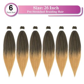 Ombre Braiding Hair Pre Stretched Ombre Honey Blonde Easy Twist Braids Hot Water Setting Synthetic Braiding Hair 6 Pcs/Lot 26 Inches for Long Braids Hair Extensions(#T1b/27)