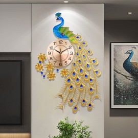 FMTAD Large Peacock Wall Clock for Living Room Decor,Mid Century Decorative Big Peacock Wall Clocks Non-Ticking Silent Luxury Peacock Clock for Dining Room Bedroom