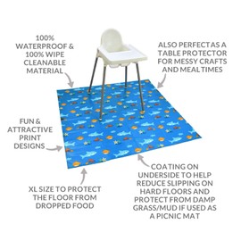Bibetta XL Food Splash Mat for Under Highchair | 55 * 51 Inch Waterproof, Wipeable, Non-Slip Kids Messy Mat for Under Highchair| Soft Baby Mat for Weaning/Feeding/Playtime/Art/Activity (Blue Sea)