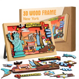 LQG Art Crafts Gift for Kids 4-8 Ages 3D Wooden City Landmark Series Frame Kit for Kids - DIY New York Cartoon Style Puzzle Toys Perfect Wall Art and Tabletop Decoration