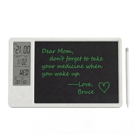 10-Inch Rechargeable LCD Calendar Notepad with Digital Clock Temperature and Humidity Display – Dual-Function Writing Tablet and Desktop Calendar with Stylus – Available in Black and White (White)