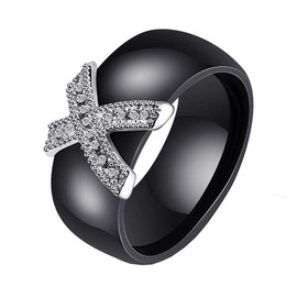 HIJONES Women Girls Stainless Steel Cubic Zirconia Elegant CZ Ceramic Ring Wedding Bridal Band Black Size S
