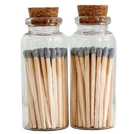 Fancy Safety Matches in 3" Glass Vial with Striker - Set of 2 Vials, 80 Wooden Matches Included, 2" Tall Decorative Matches, Glass Storage Vials with Strike Pad, Gray Matches (MV40x2)