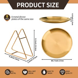 No Name No Seal 8-piece 6.5-inch appetizer plate with stand set Gold silver stainless steel round plates Suitable for cakes desserts, salads, dips, snacks, side dishes (Gold, 6.5inch)
