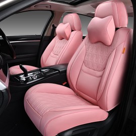 TINRAIYANG Pink Car Seat Covers Front Pair, Breathable Leather Automotive Front Seat Covers with Headrest, Universal Automotive Vehicle Seat Cover for Most Sedan SUV Pick-up Trucks