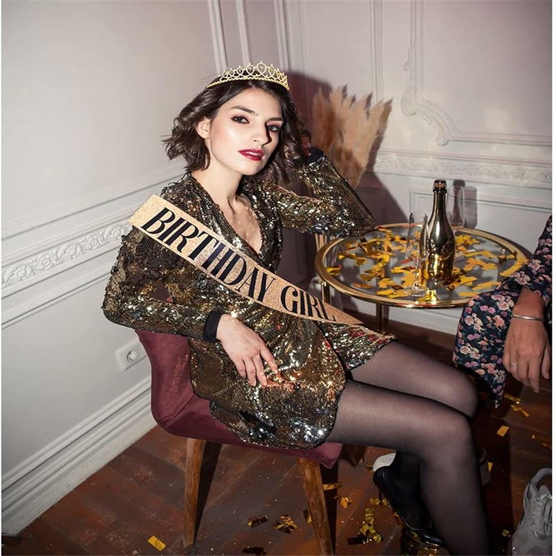 Birthday Crown Sash Gold Crystal Tiara for Birthday Party for