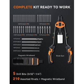 AUTOWN Professional Rivet Gun Kit with 5 Drill Bits & Magnetic Wristband - Heavy Duty Two-Handed Riveter for Metal, Gutter, Automotive - Includes 210 Assorted Rivets