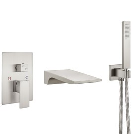 Aolemi Wall Mount Bathtub Faucet,Tub Faucet Set Waterfall Wall Mounted Tub Filler with Handheld Sprayer Single Handle,Brushed Nickel