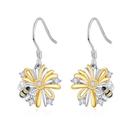 KINGWHYTE Daisy Earrings 925 Sterling Silver Daisy Flower Drop earrings Daisy Dangle earrings with Bee Birthday Christmas Jewellry Gifts for Women