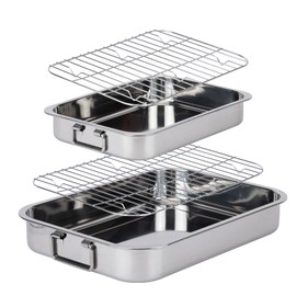 2 Pcs 13"15.4" Stainless Steel Roasting Pans with Handles, Baking Pan for Oven Includes 2 Flat Racks, Dishwasher Safe Rectangular Lasagna Pan for Turkey, Chicken and Roasting, Silver