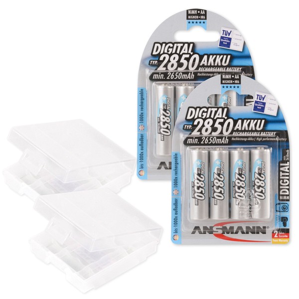 ANSMANN AA Rechargeable Batteries 2850mAh high-capacity high-rate rechargeable NiMH AA Batteries for flashlight, camera, radio etc. (8-Pack) + 2x Battery Case protection for 4 AA and AAA Batteries (5035092-590-2)