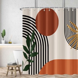 Mid Century Boho Shower Curtains Abstract Modern Minimalist Line Art Geometric Circle and Plant Leaf Aesthetic Bathroom Curtain 72x72 Inch Terracotta Girls Bathroom Decor Fabric Waterproof