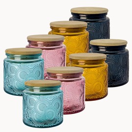 LINGSHINE 12 oz Decorative Glass Storage Jars with Airtight Bamboo Lids - 8 Pack 4 Colors - Sunflower Embossed Spice, Candle & Home Organizer Set