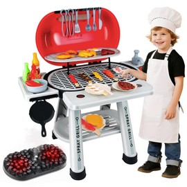 Play Kitchen Toys for Kids BBQ Grill Playset with Food, Smoke, Sound and Light, 2-Layer Barbecue Play Food Toys Cooking Interactive Toys for Toddlers 3-6, Gift for Girls Boys Birthday Christmas