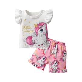 Morerich Infant Toddler Baby Girls Summer Clothes Sleeveless Animals Print T-Shirt Little Kids Tops Shorts 2Pcs Outfits Set Pink 9-12 Months