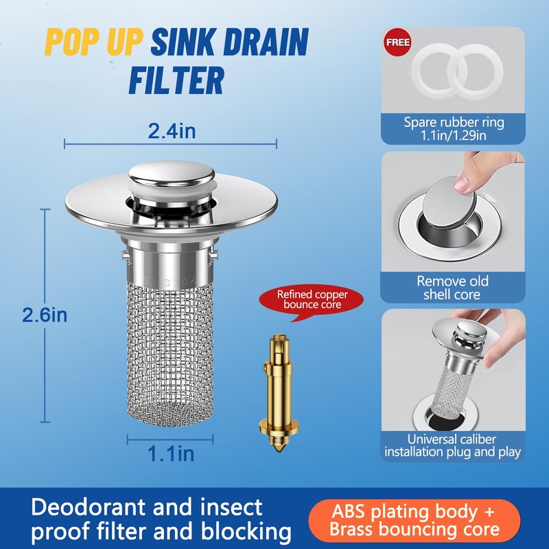 2024 New Pop Up Bathroom Sink Drain Strainer Hair Catcher,