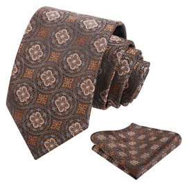 Alizeal Mens 3.15'' Vintage Necktie and Pocket Square Business Geometric Regular Patterns Tie and Hanky Set, Brown+Gray