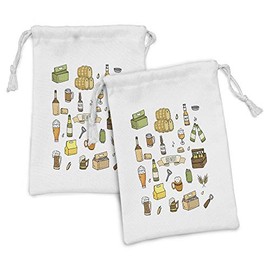 Ambesonne Beer Fabric Pouch Set of 2, Hand Drawn Brewery Alcohol Pub Beer Mug Bottle Butt Glass Wheat Barley Doodle, Small Drawstring Bag for Toiletries Masks and Favors, 9" x 6", Multicolor