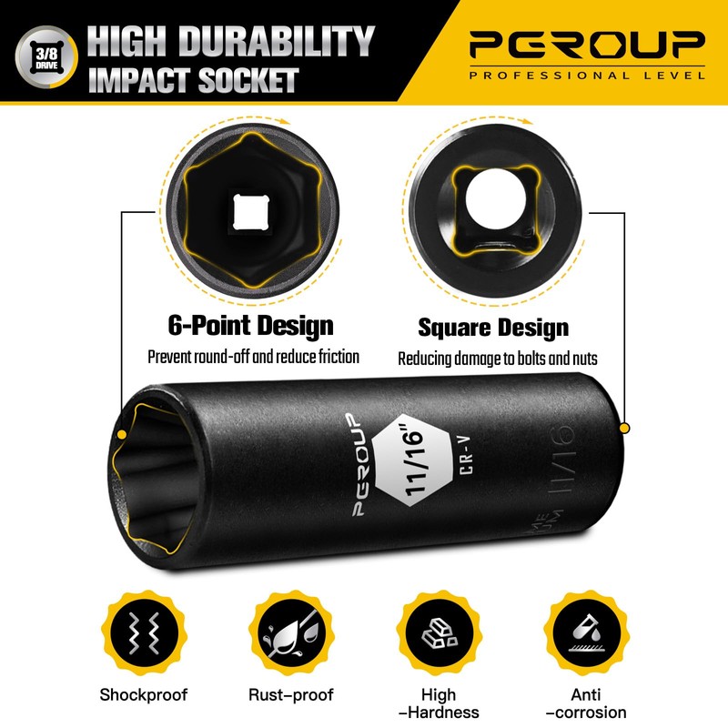 PGROUP 3/8” Drive Deep Impact Socket, SAE(11/16 Inch socket), 6-Point,