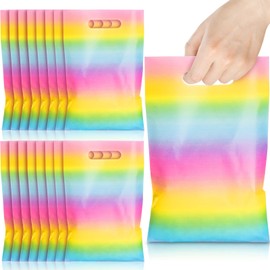 Epakh 100 Pcs Pastel Gift Bags Bulk Plastic Rainbow Treat Goody Bags with Handles Pastel Color Candy Gift Pack for Baby Shower Spring Summer Floral Birthday Party Supplies