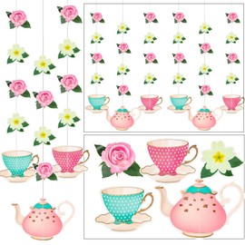 Tea Party Decoration Banners Party Decoration String Tea Cup Flags Tea Hanging Accessories Delicate Tea Party Supplies Gifts Dessert Table Decoration Party Decoration Hanging 9 Pieces