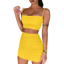 BEAGIMEG Women's Ruched Cami Crop Top Bodycon Skirt 2 Piece Outfits Dress, Yellow, Small