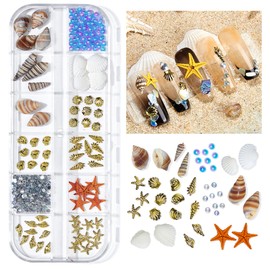 Ocean Themed Nail Charms, 3D Mixed Sea Nails Jewels Beach include Studs, Shell, Slices, Starfish, Conch, Rhinestones Pearls Irregular, Various Shapes Sea Decals Art for DIY Nail Design Patche B