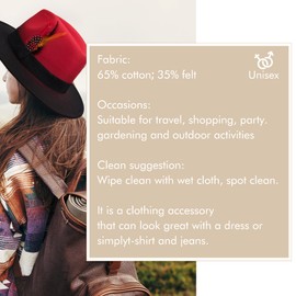 DMHDV Fedora Hats for Women,Hats for Women Fashionable,Womens Fedora hat,GradientFeltpanama hat，Chain and Feather(Feather Style, Red + Black)