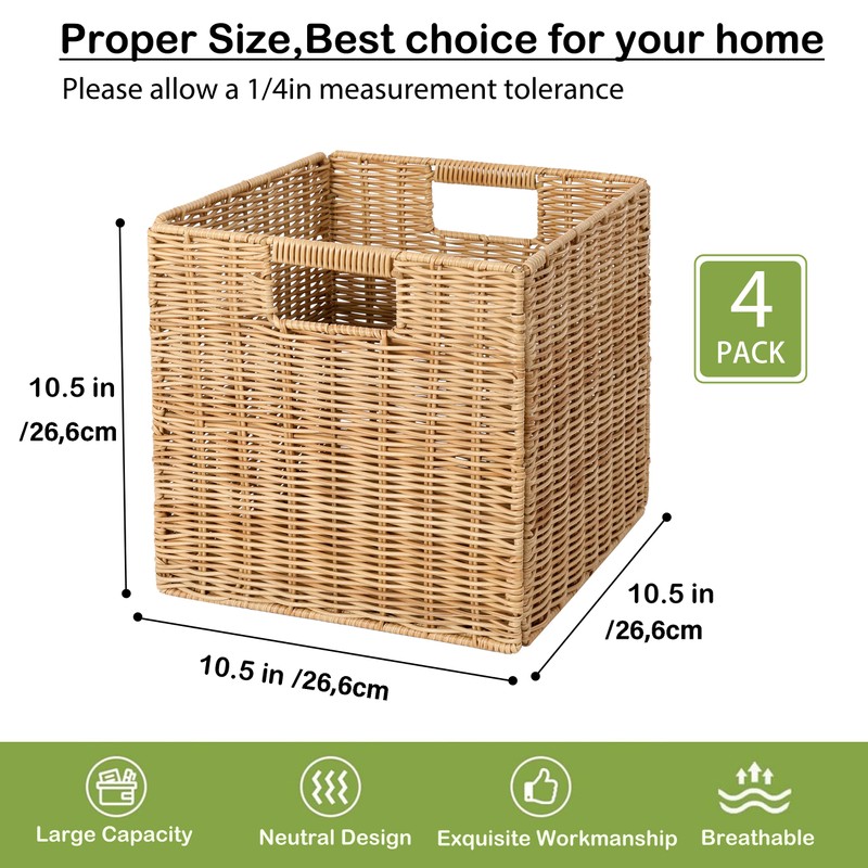 10.5 x 10.5 in Plastic Wicker Baskets for Cube Storage,