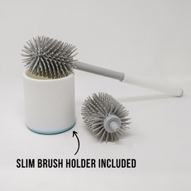Don Aslett Silicone Toilet Bowl Brush Set (Gray) Includes Slim Brush Holder, Sturdy Handle, & 2 Replacement Heads with Durable Silicone Bristles | Easy to Clean & Compact Toilet Scrubber for Bathroom